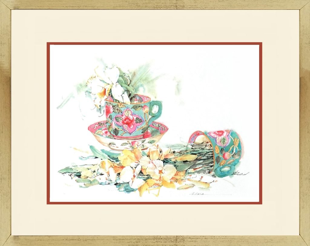 Watercolour Painting of two Peranakan Teacups with Flowers by Clara Hung Mei Yee